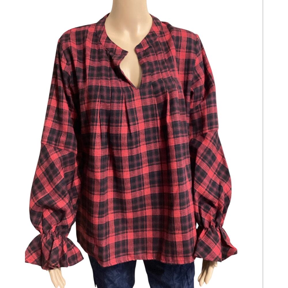 Blooming Jelly Women’s Red Black Buffalo Plaid Top‎ Flare Ruffle Sleeve Large